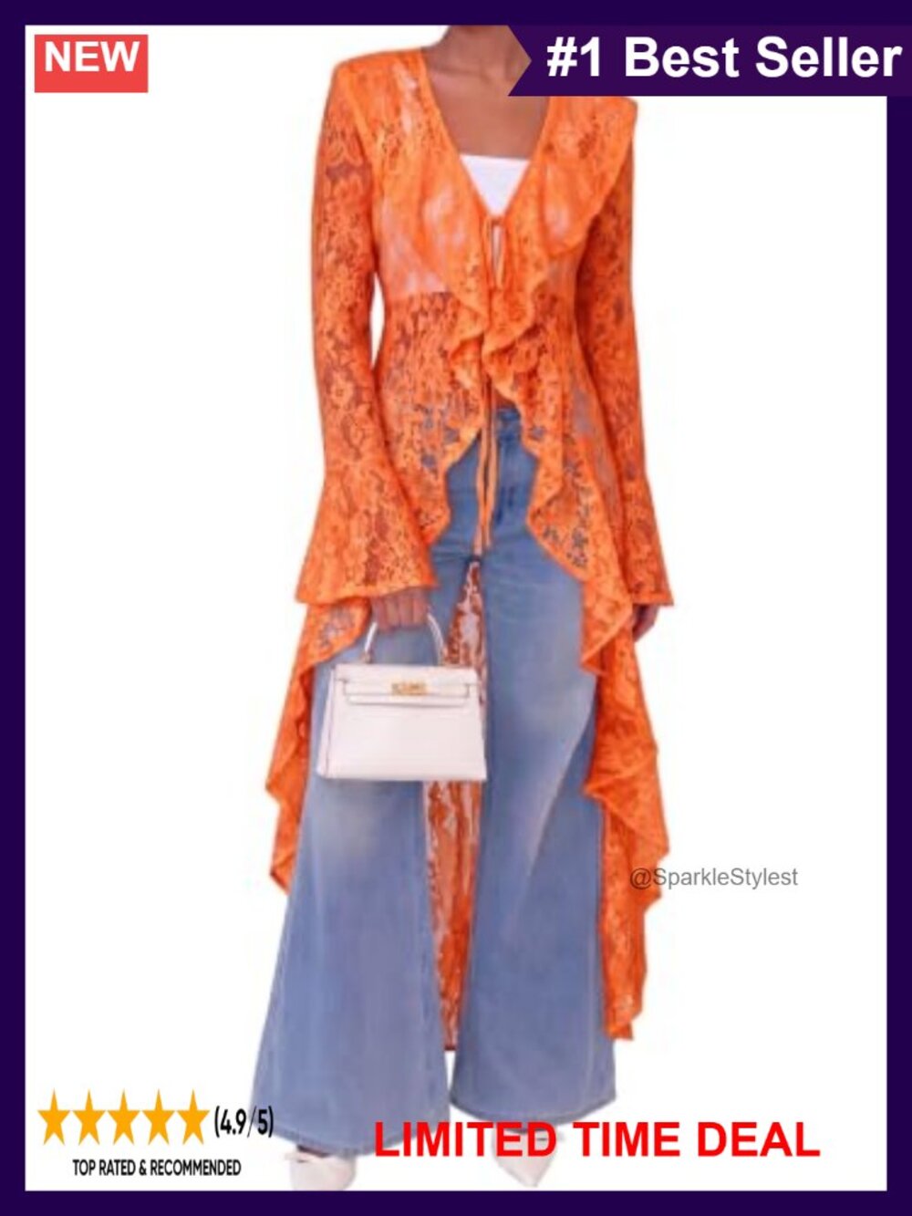 Womens Lace Maxi Cardigan Open Front Tie Bell Sleeve Ruffled Duster Swimsuit